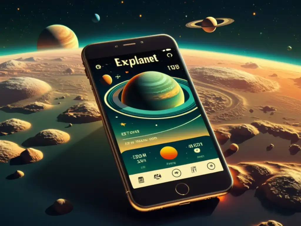 Aplicaciones móviles para explorar exoplanetas: Ilustración vintage de un teléfono con interfaz espacial y detallada visualización de un exoplaneta