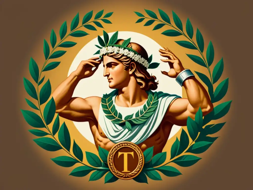 Apolo corona a un guerrero victorioso con una corona de laurel, simbolismo del laurel en mitología, con detalles ricos y cálidos
