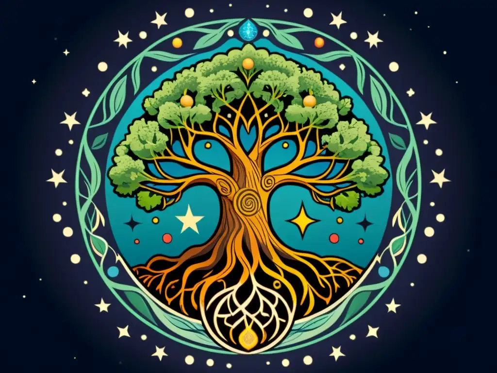 Una ilustración vintage del Árbol Yggdrasil con detalles celestiales y representación estelar del Árbol Yggdrasil