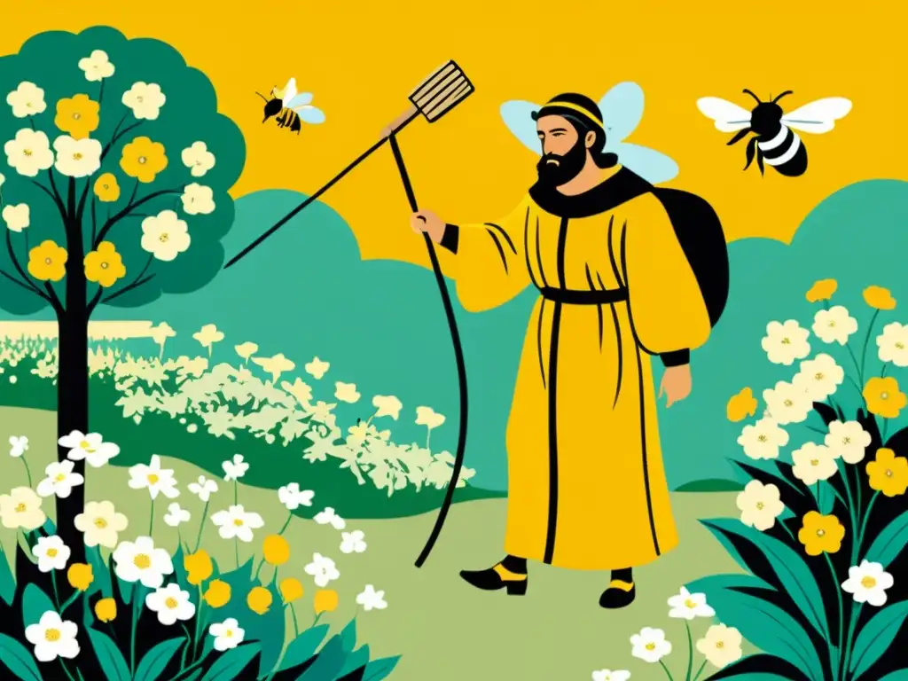 Aristeo, dios griego de la agricultura, en un exuberante jardín rodeado de flores y abejas