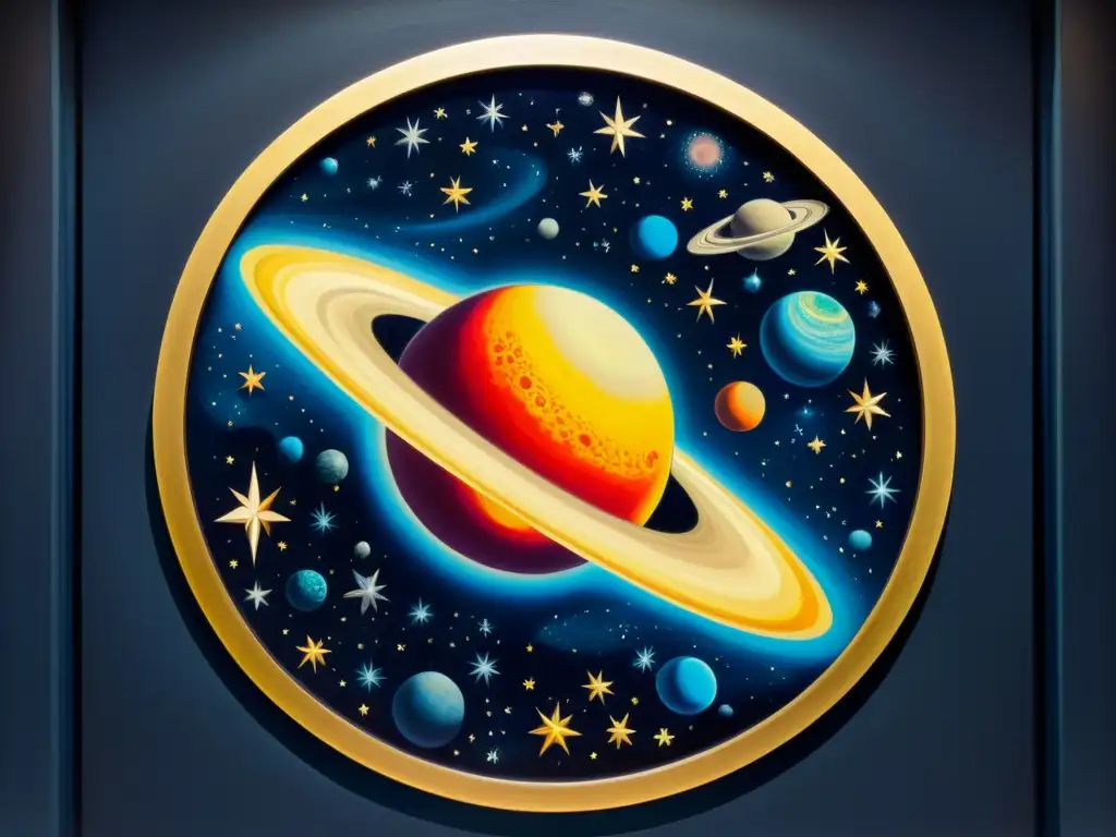 Arte astronómico a través siglos: Pintura al óleo vintage de escena celestial con estrellas, planetas y galaxias detalladas en un fondo oscuro