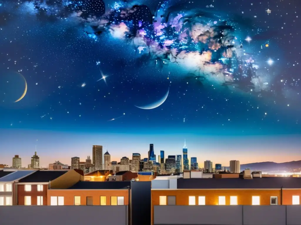 Arte urbano inspirado en constelaciones: Mural vintage de la ciudad de noche, con constelaciones luminosas sobre edificios