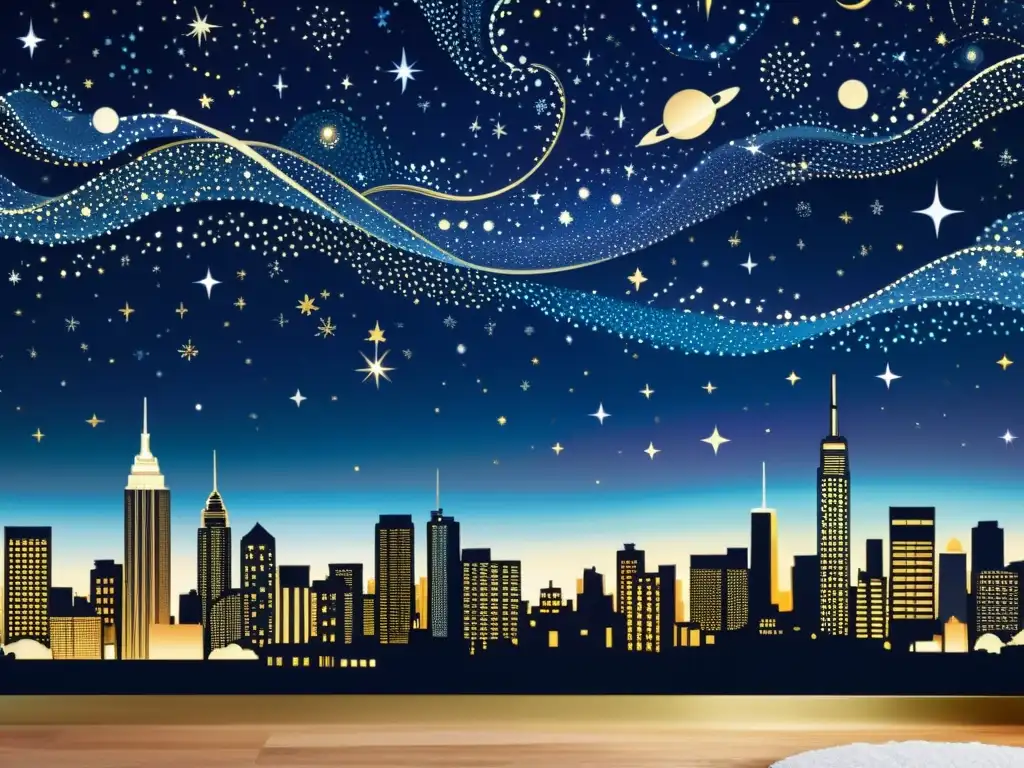 Arte urbano inspirado en constelaciones: un mural vintage vibrante que fusiona la ciudad con el cosmos estrellado