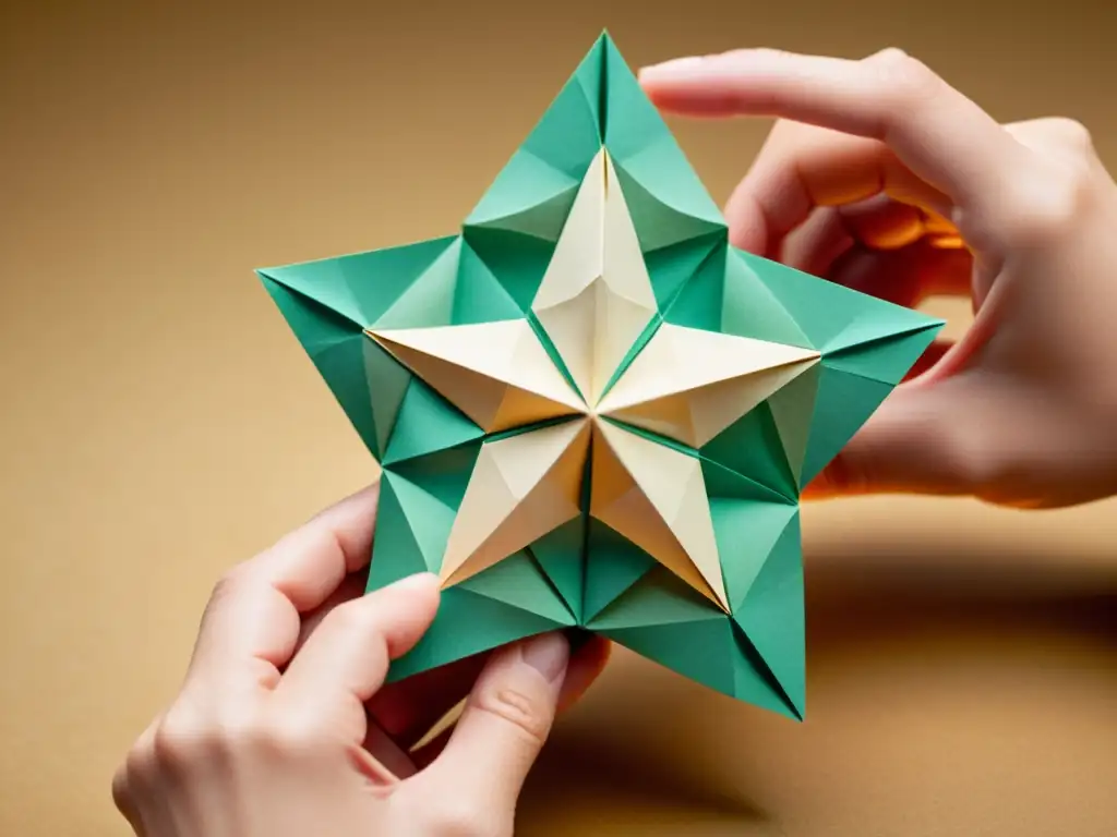 Un artesano experto crea un origami cósmico para formar estrellas con delicadeza en papel vintage en detalle exquisito