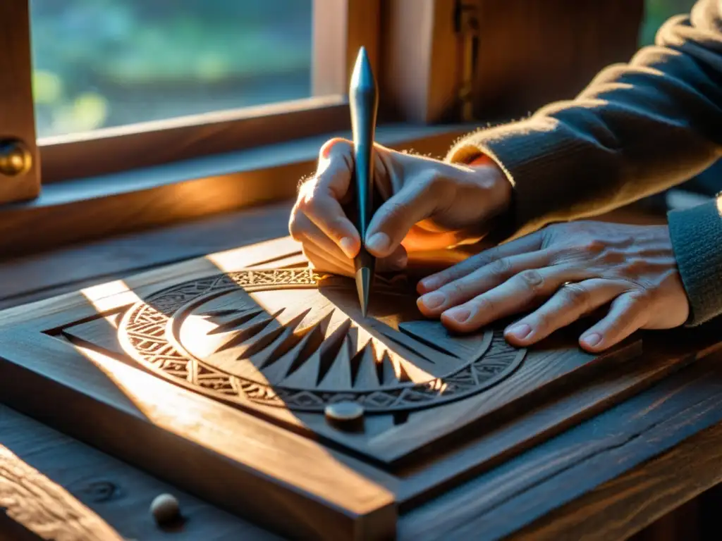 Un artesano elabora su propio reloj de sol artesanal, tallando con cuidado diseños en madera envejecida