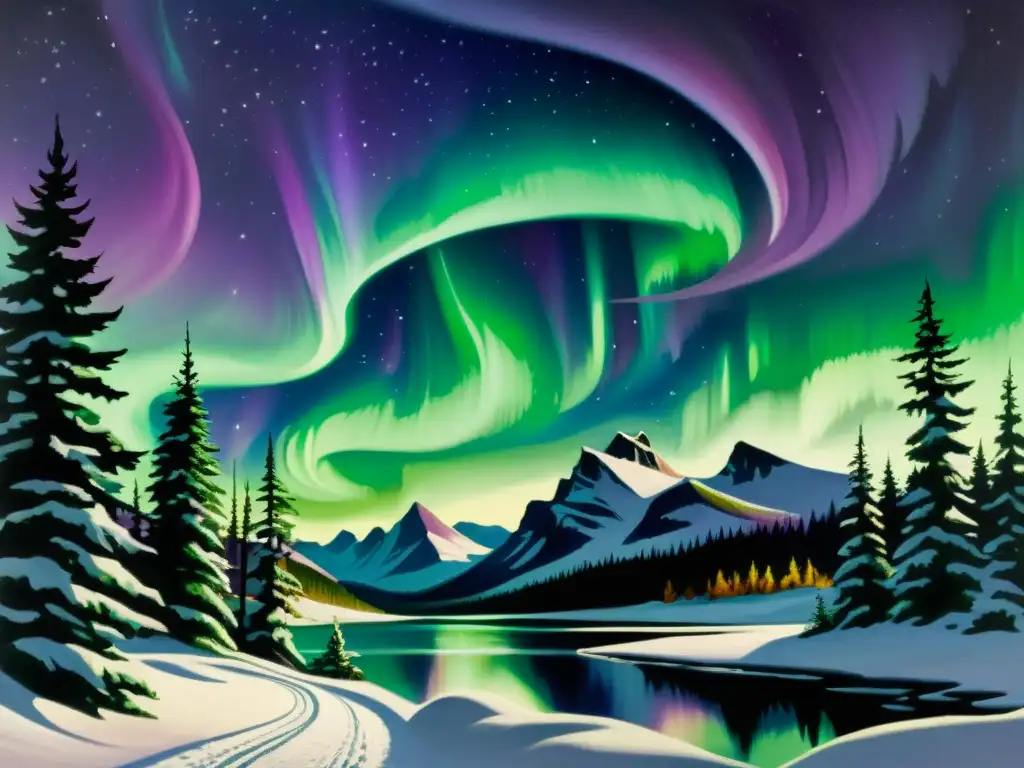 Interpretación artística de auroras boreales danzando sobre un paisaje nevado y un lago congelado, rodeado de árboles siluetados