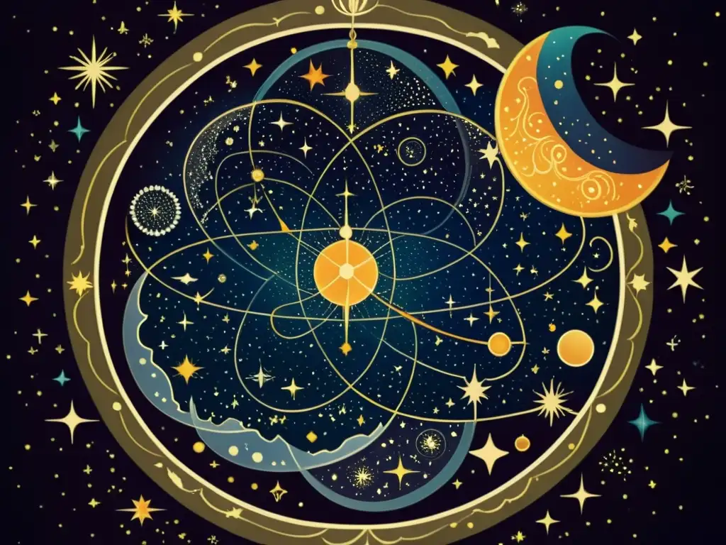 Una ilustración vintage asombrosa de un mapa celestial con constelaciones detalladas y estrellas vibrantes sobre un fondo oscuro