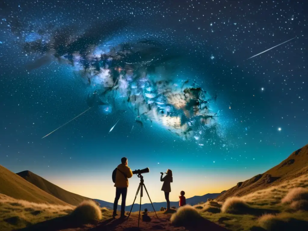 Un asombroso cielo nocturno lleno de estrellas y constelaciones detalladas, donde un grupo de personas observa con asombro a través de un telescopio