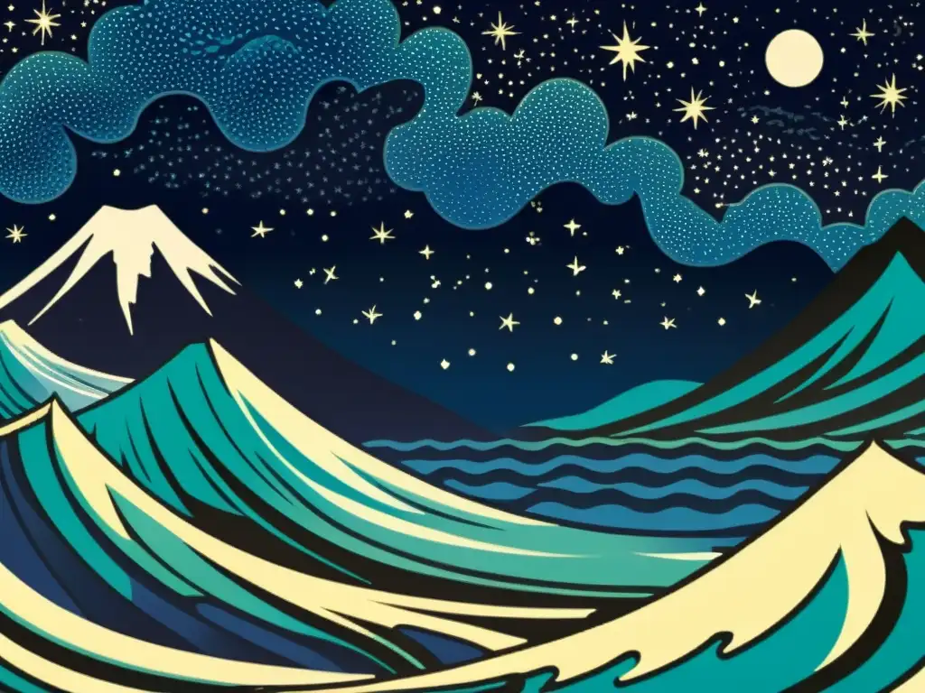 Un asombroso grabado en madera al estilo vintage que representa el nacimiento de las islas japonesas, con olas del océano, montañas volcánicas y un cielo nocturno lleno de constelaciones y estrellas fugaces