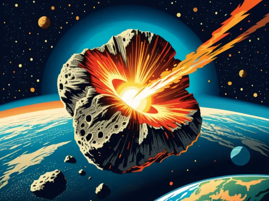 Un asteroide masivo se acerca a la Tierra en una ilustración vintage, con detalles intrincados y una atmósfera de tensión