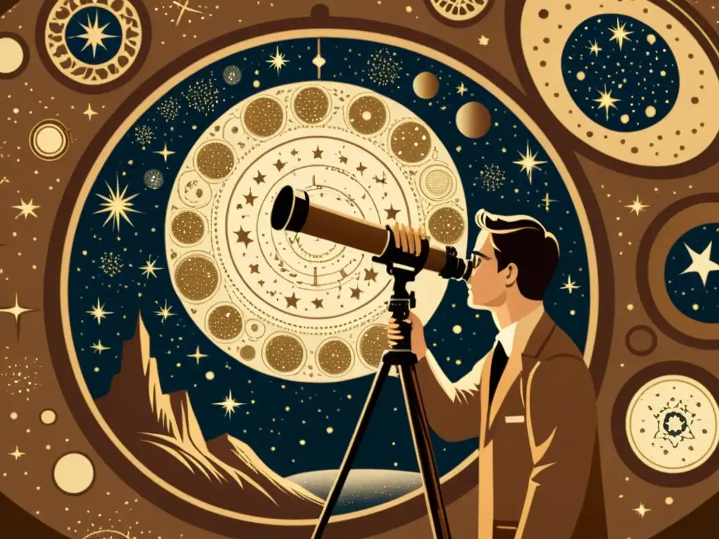 Un astrofísico contempla las estrellas a través de un telescopio vintage, rodeado de instrumentos científicos antiguos