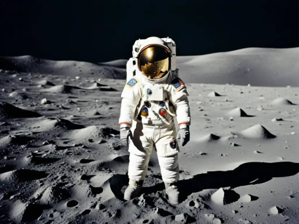 Un astronauta en traje espacial camina sobre la superficie lunar, con el paisaje lunar de fondo