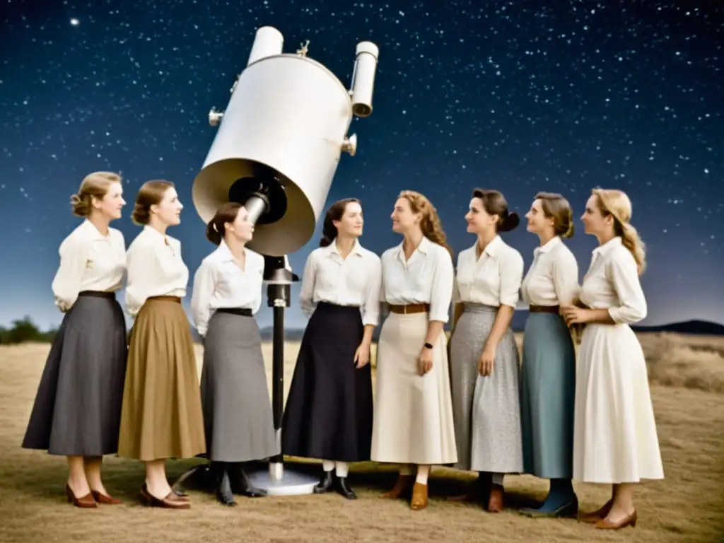 Astrónomas pioneras en la mitología: Mujeres reunidas alrededor de un telescopio en el siglo XX, desafiando barreras de género en astronomía