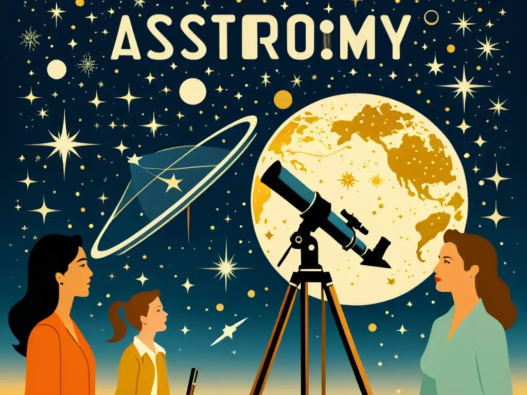 Astronomía vintage: póster de exposición con constelaciones detalladas y astrónomas pioneras disfrutando del cielo estrellado