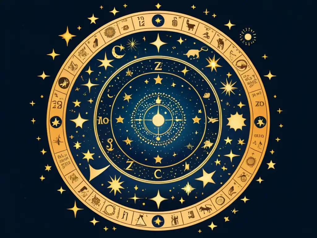 Aprendiendo astronomía con signos zodiacales: Ilustración vintage del cielo nocturno con constelaciones y símbolos detallados