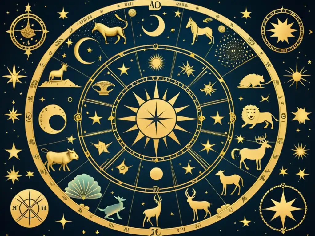 Aprendiendo astronomía con signos zodiacales: Intrincadas ilustraciones vintage de constelaciones zodiacales, con símbolos y representaciones mitológicas detalladas