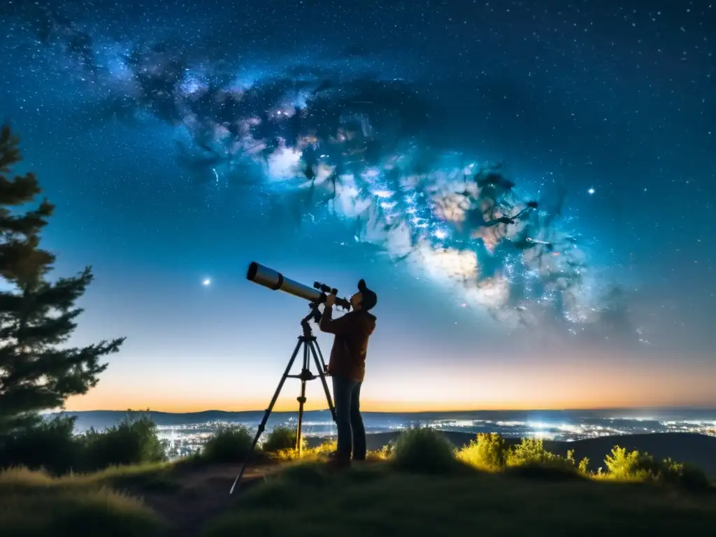 Un astrónomo aficionado ajusta su telescopio bajo un cielo estrellado, con luces de la ciudad creando un suave resplandor en el horizonte