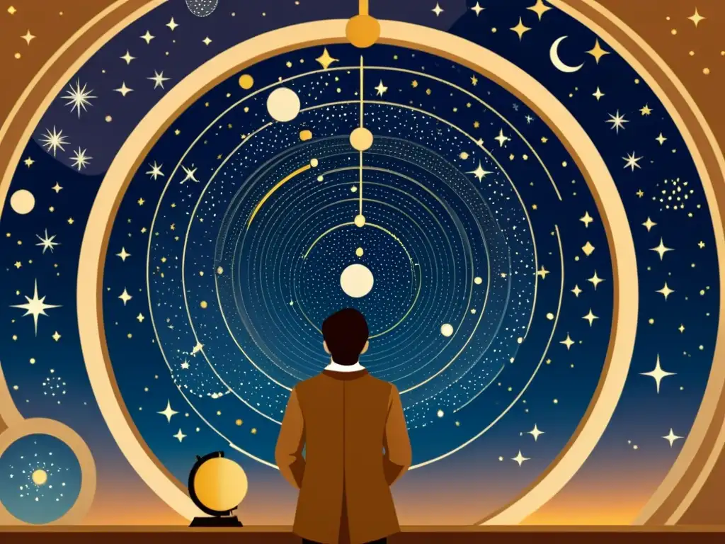 Un astrónomo observa con asombro las constelaciones y estrellas en el equinoccio, ilustración vintage de gran visibilidad