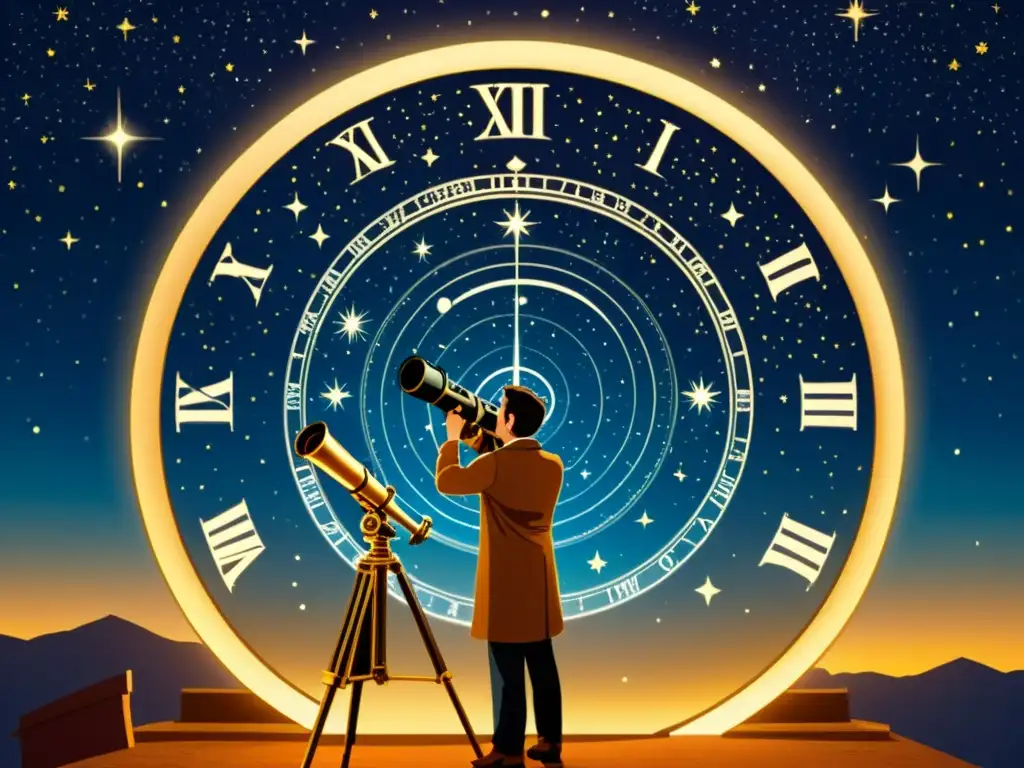 Un astrónomo capturando la Constelación de Horologium con instrumentos vintage bajo un cielo estrellado, evocando nostalgia y maravilla