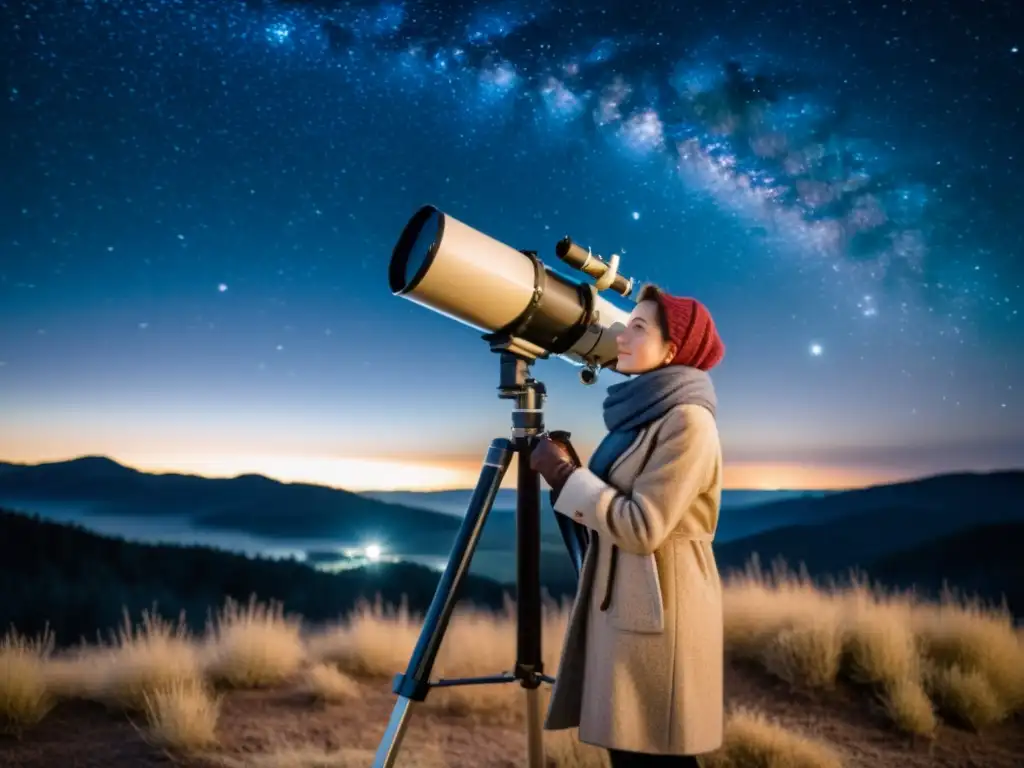 Un astrónomo viste ropa térmica junto a un telescopio bajo un cielo estrellado, creando una atmósfera elegante y apasionada por la observación del universo