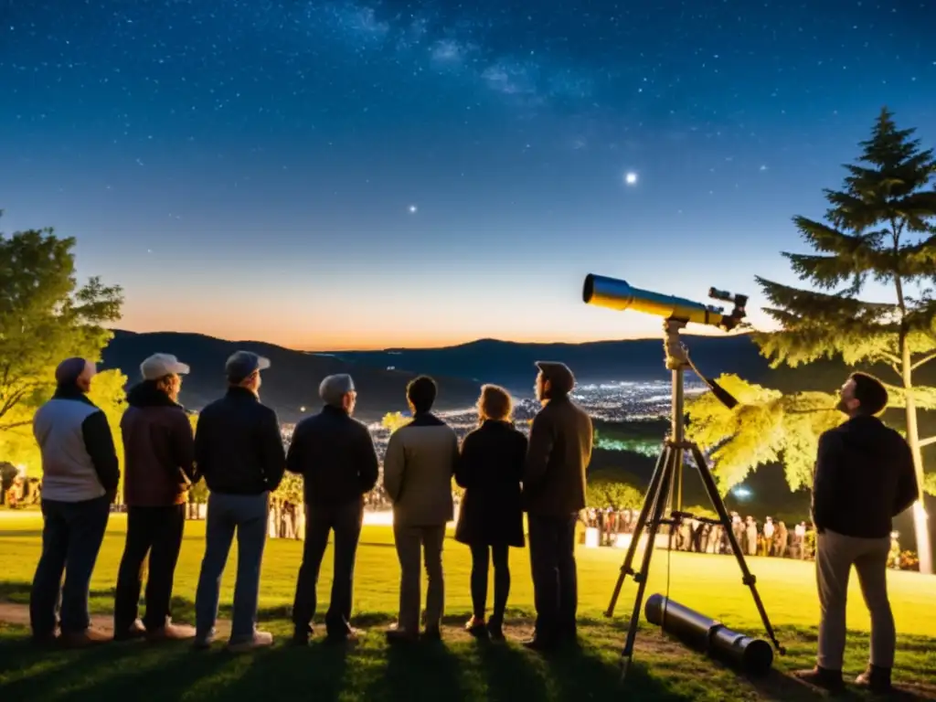 Astrónomos aficionados descubriendo el universo urbano bajo la noche estrellada en el parque de la ciudad