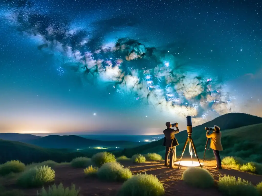 Astrónomos descubriendo cúmulos estelares en la Vía Láctea, con un telescopio en un paisaje sereno bajo un cielo estrellado