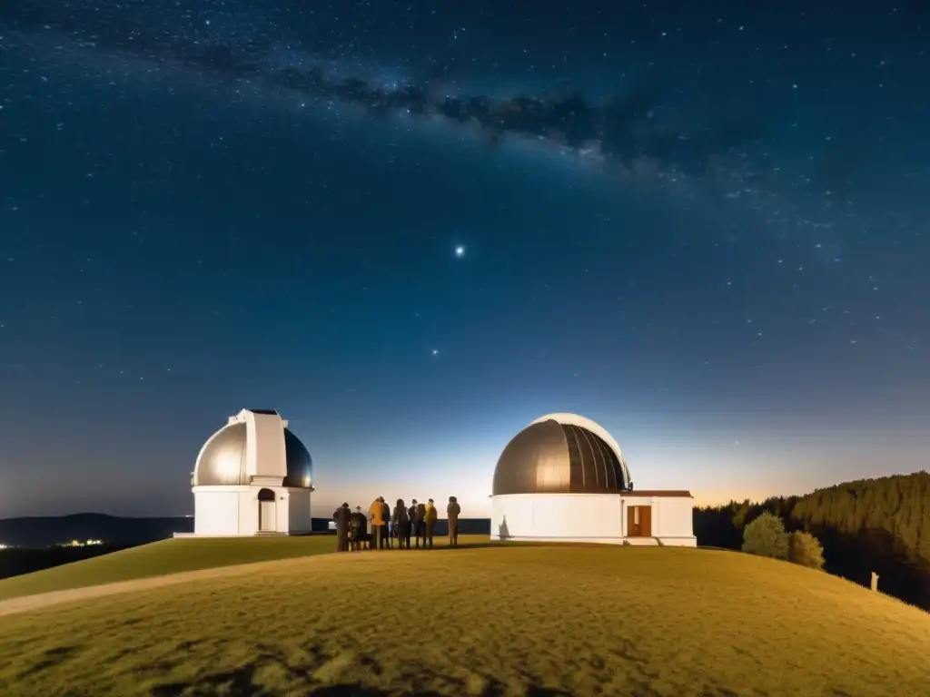 Astrónomos observando estrellas antiguas en observatorio histórico, rodeados de equipo científico vintage y bajo un cielo estrellado