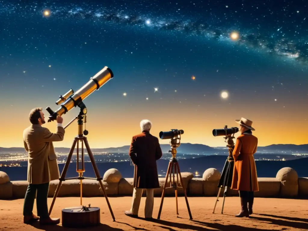 Astrónomos históricos observando el cielo nocturno con telescopios antiguos, evocando la maravilla de la astronomía