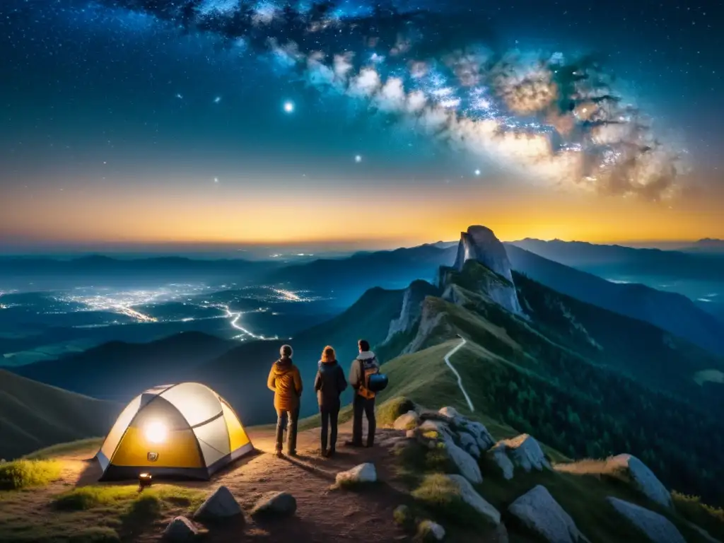 Astrónomos observando la Vía Láctea desde las montañas sagradas, con linternas y telescopios vintage