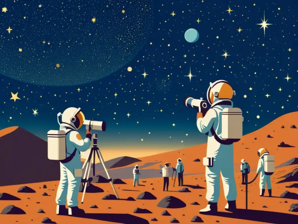 Ilustración vintage de astrónomos usando telescopios en la búsqueda de exoplanetas, con un fondo de cielo estrellado y galaxias distantes