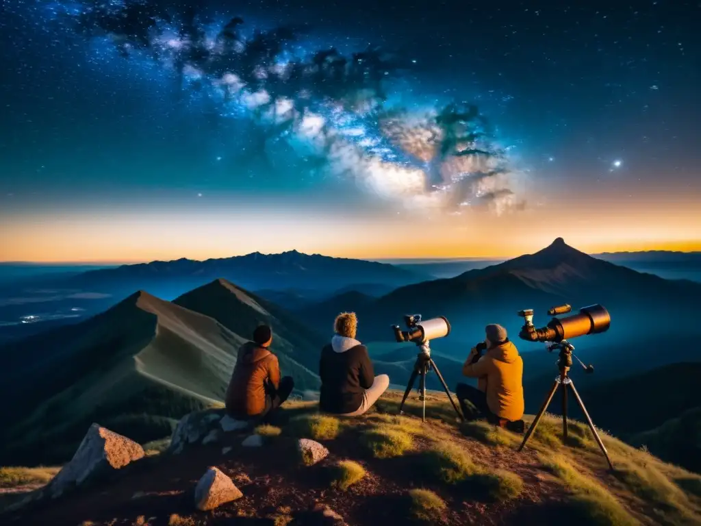 Astrónomos montando telescopios en la cima de la montaña, con la Vía Láctea de fondo