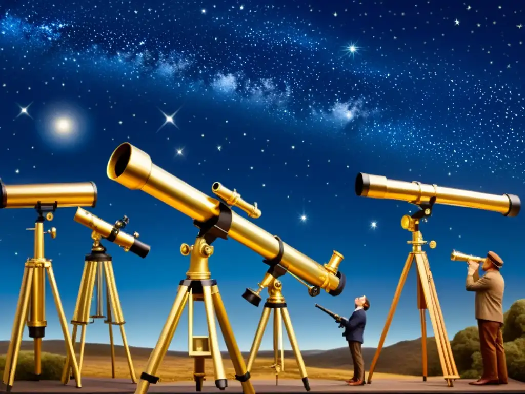 Astrónomos del siglo XIX exploran el firmamento estrellado Astrónomos del siglo XIX observan galaxias en el Catálogo UGC, evocando asombro y exploración en un cielo estrellado