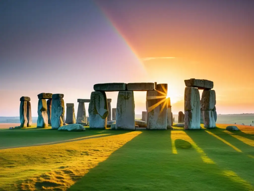 Una fotografía vintage de Stonehenge al atardecer, bañado en cálida luz dorada con el sol detrás