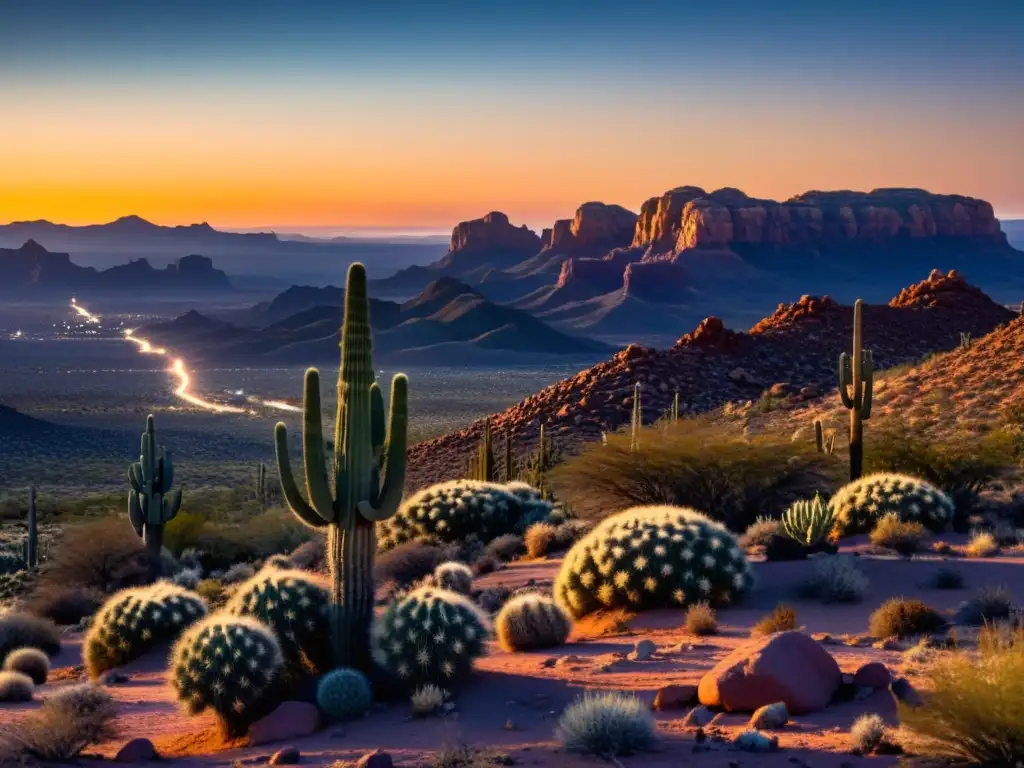 Un atardecer en el desierto, con cactus y rocas en silueta bajo un cielo anocheciendo