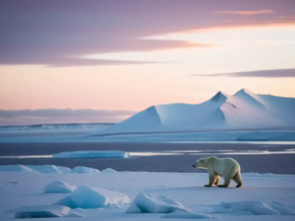 Un atardecer sereno en el Círculo Ártico, con un oso polar solitario y una atmósfera etérea