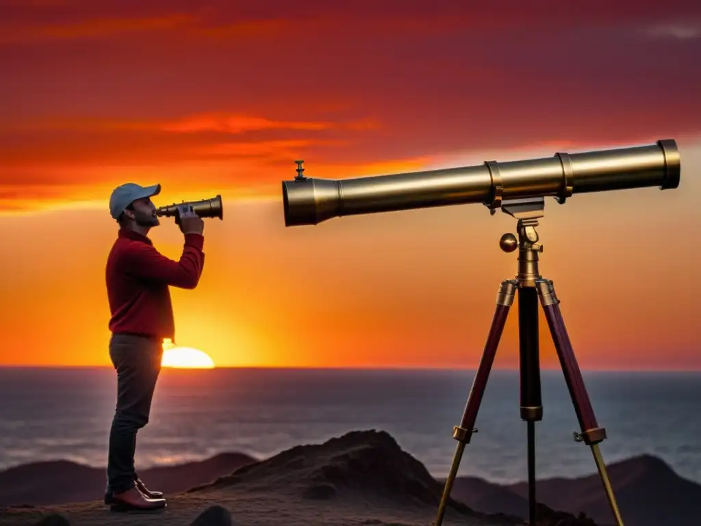 Explorando el atardecer con un telescopio de latón antiguo, evocando un sentido de maravilla y descubrimiento