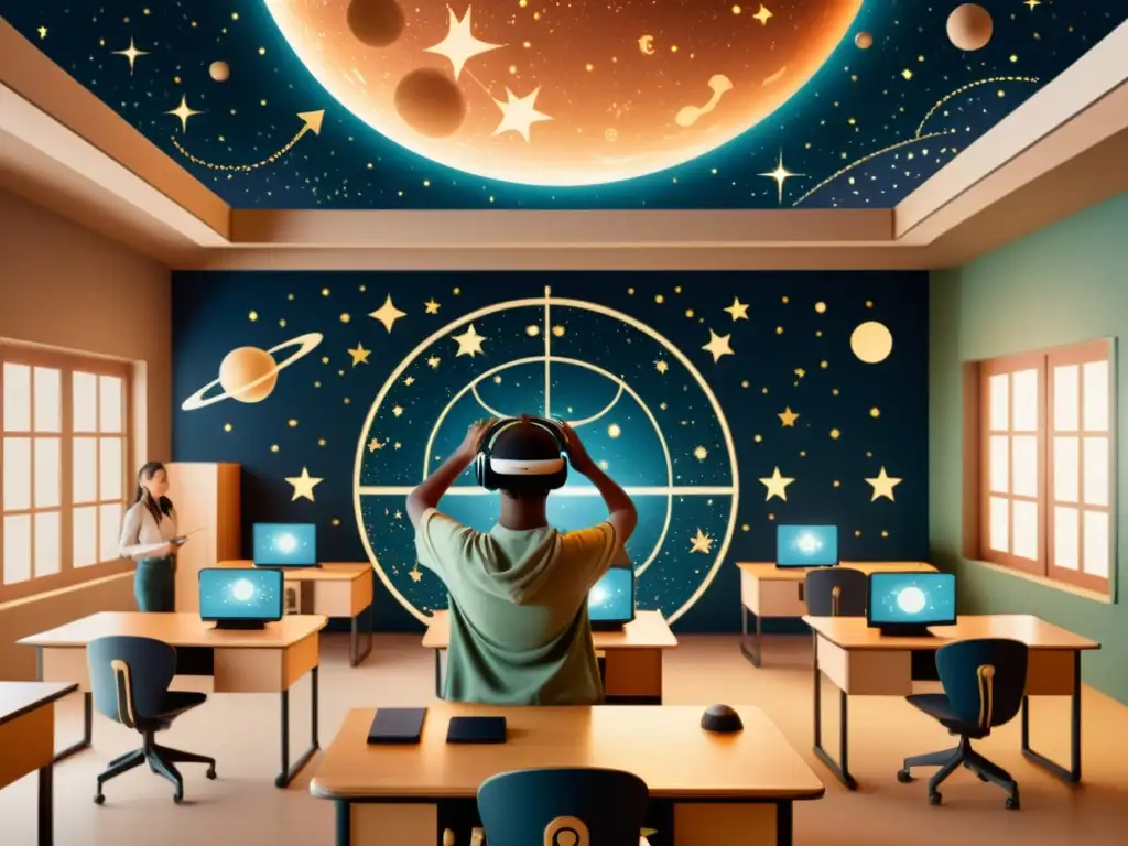 Ilustración vintage de aula con mapamundi celeste, realidad virtual