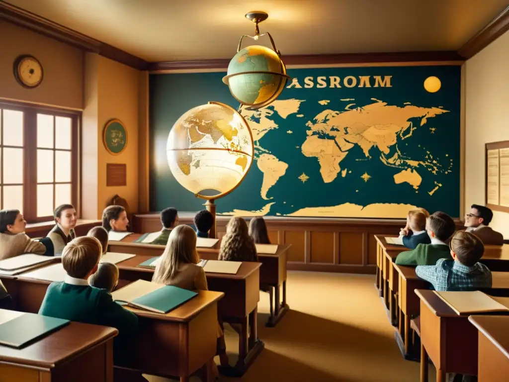 Un aula vintage llena de estudiantes entusiastas, con un globo terráqueo antiguo y un mapa celestial