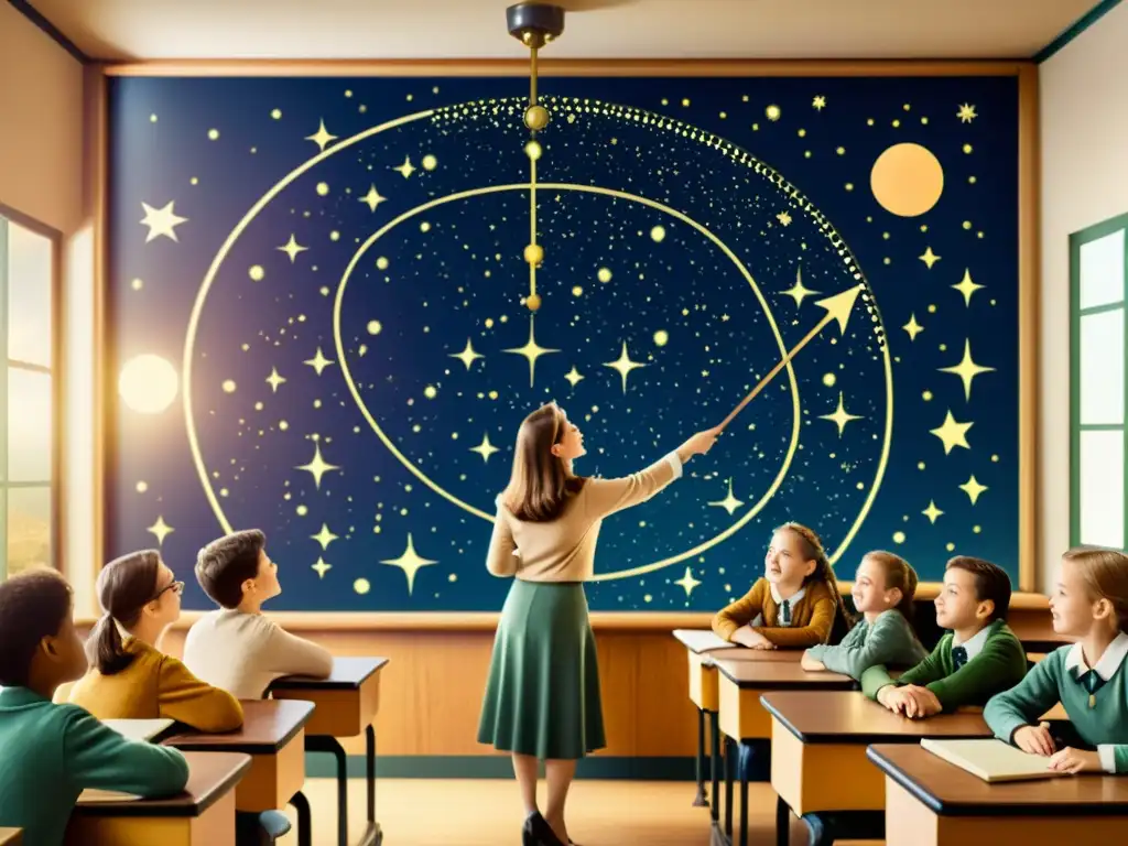 Un aula vintage llena de estudiantes atentos, con un gran mapa celestial en la pared y un maestro explicando constelaciones