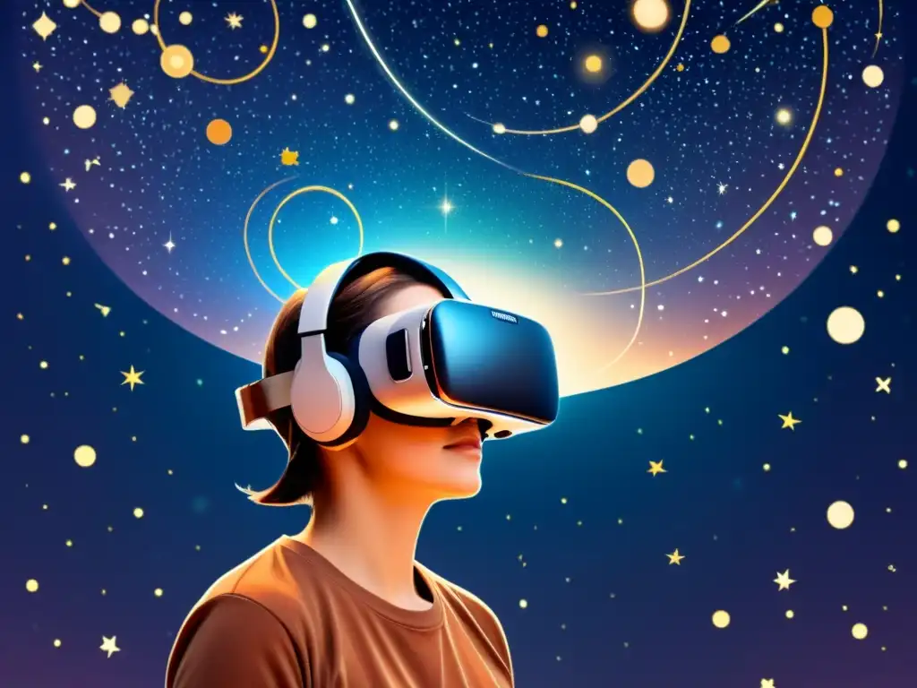 Una ilustración vintage de auriculares de realidad virtual en un cielo estrellado con constelaciones emergentes, evocando asombro y descubrimiento