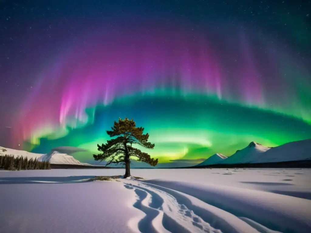 Observación de la Aurora Boreal en Ártico: Fotografía vintage de paisaje nevado con la danza de colores vibrantes en el cielo estrellado