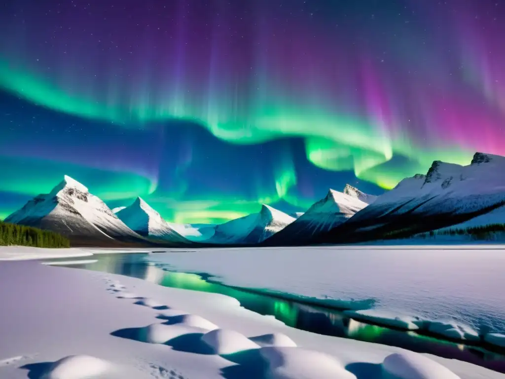 Observación de la Aurora Boreal en Ártico: Paisaje nevado con aurora boreal danzante en la noche estrellada y montañas nevadas al fondo