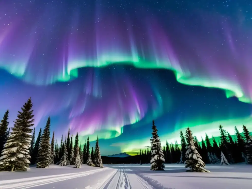 Auroras boreales fotografía nocturna: la danza mágica de luces verdes, moradas y azules en el cielo nocturno, entre altos pinos y estrellas brillantes