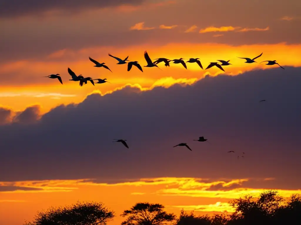 Aves migratorias en vuelo al atardecer, evitando la contaminación lumínica, en un espectáculo natural impresionante