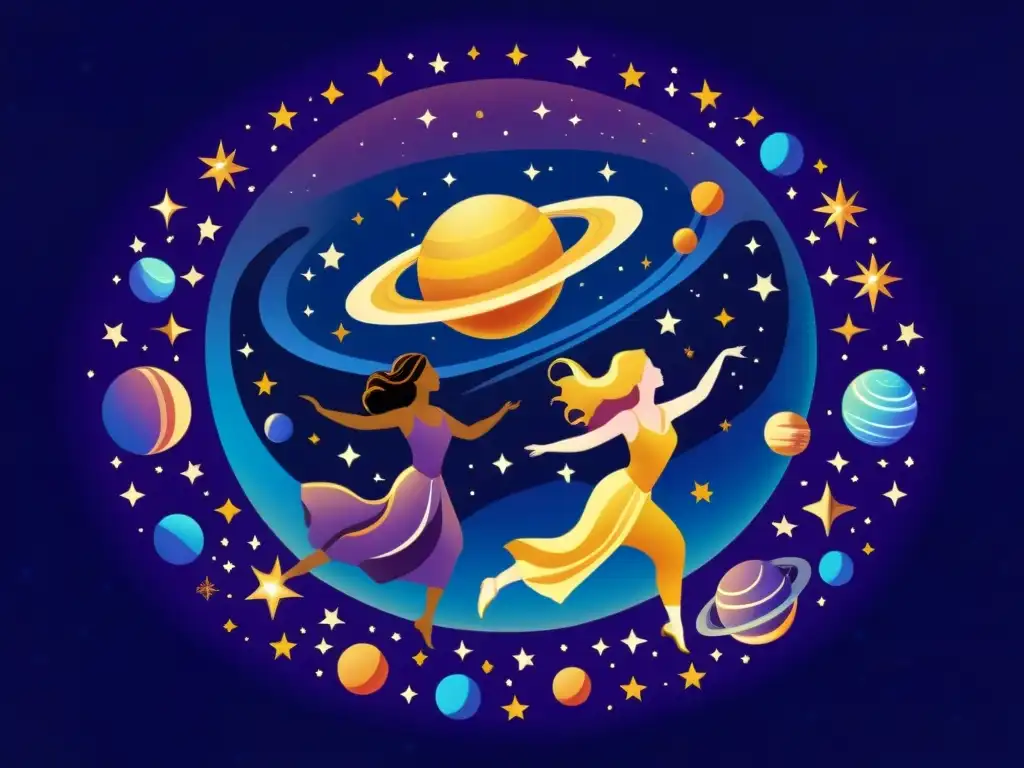 Ilustración vintage de un baile celestial entre los planetas del sistema solar, en armonía festiva bajo un cielo estrellado