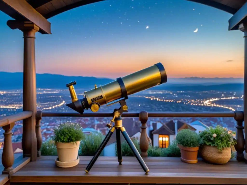 Observación de la Constelación del Águila desde un balcón vintage al anochecer con telescopio, ciudad iluminada y luna creciente