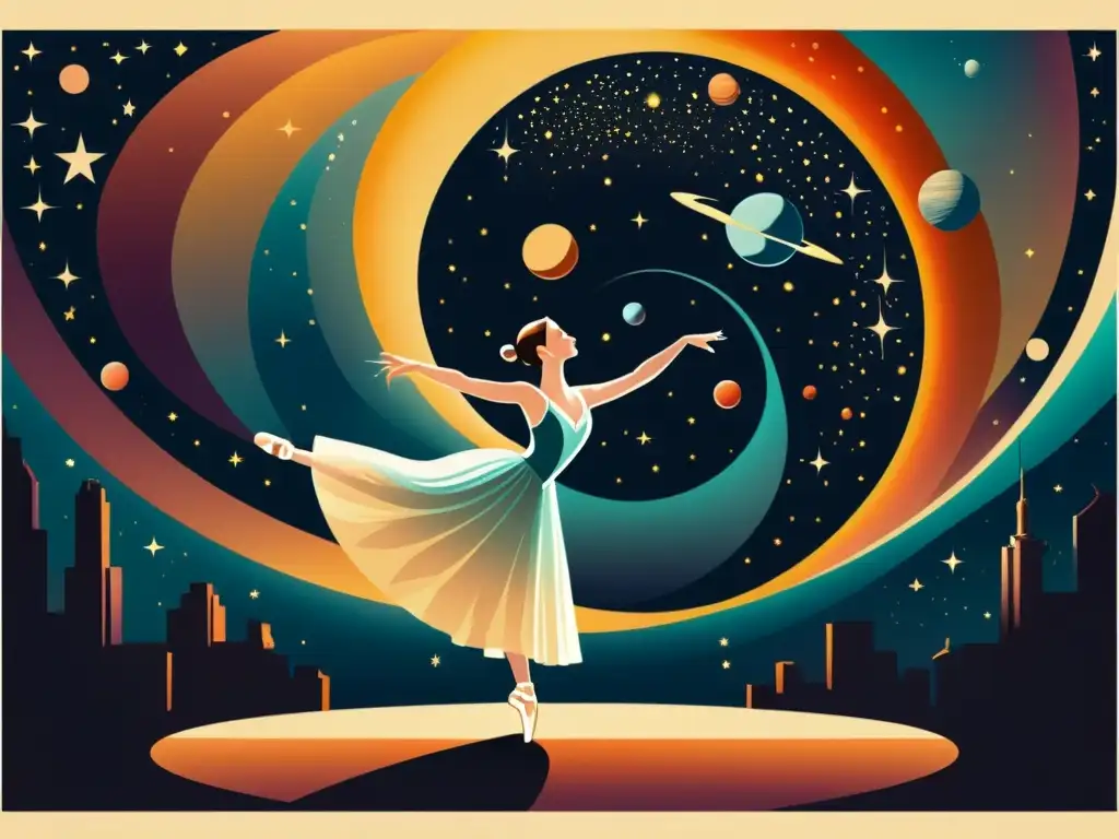 Ballet celestial: performance con bailarinas vestidas como planetas en un escenario sideral, evocando ballets inspirados en el sistema solar