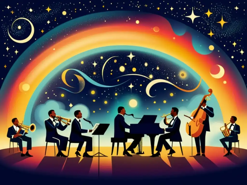 Una ilustración vintage de una banda de jazz actuando bajo un cielo estrellado, con elementos astronómicos fusionados en la atmósfera