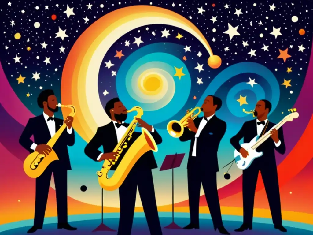 Una ilustración vintage de una banda de jazz cósmico actuando en un escenario rodeado de galaxias y cuerpos celestes