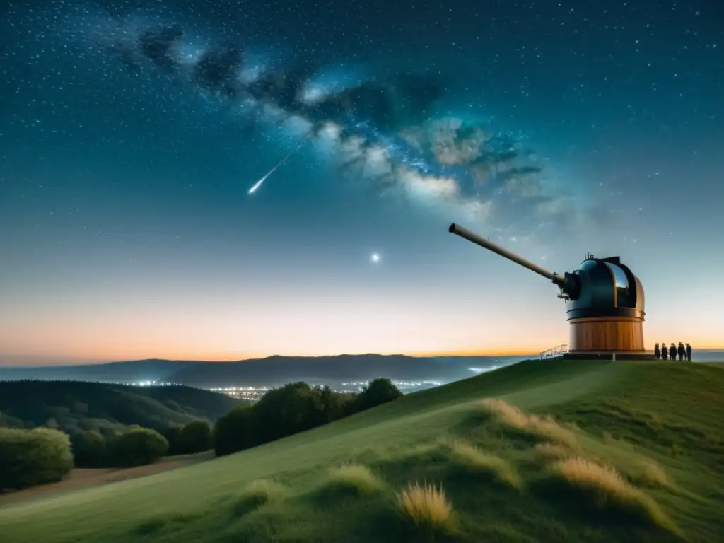 Bello paisaje nocturno con telescopio, artistas y observatorio